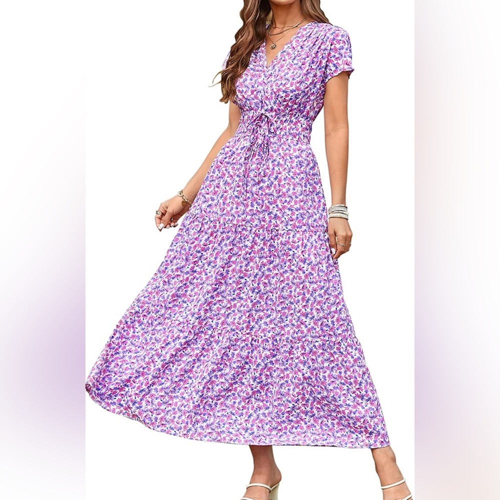 NWOT Purple Floral Maxi Faux-Wrap Short-Sleeve Dress, Size XL